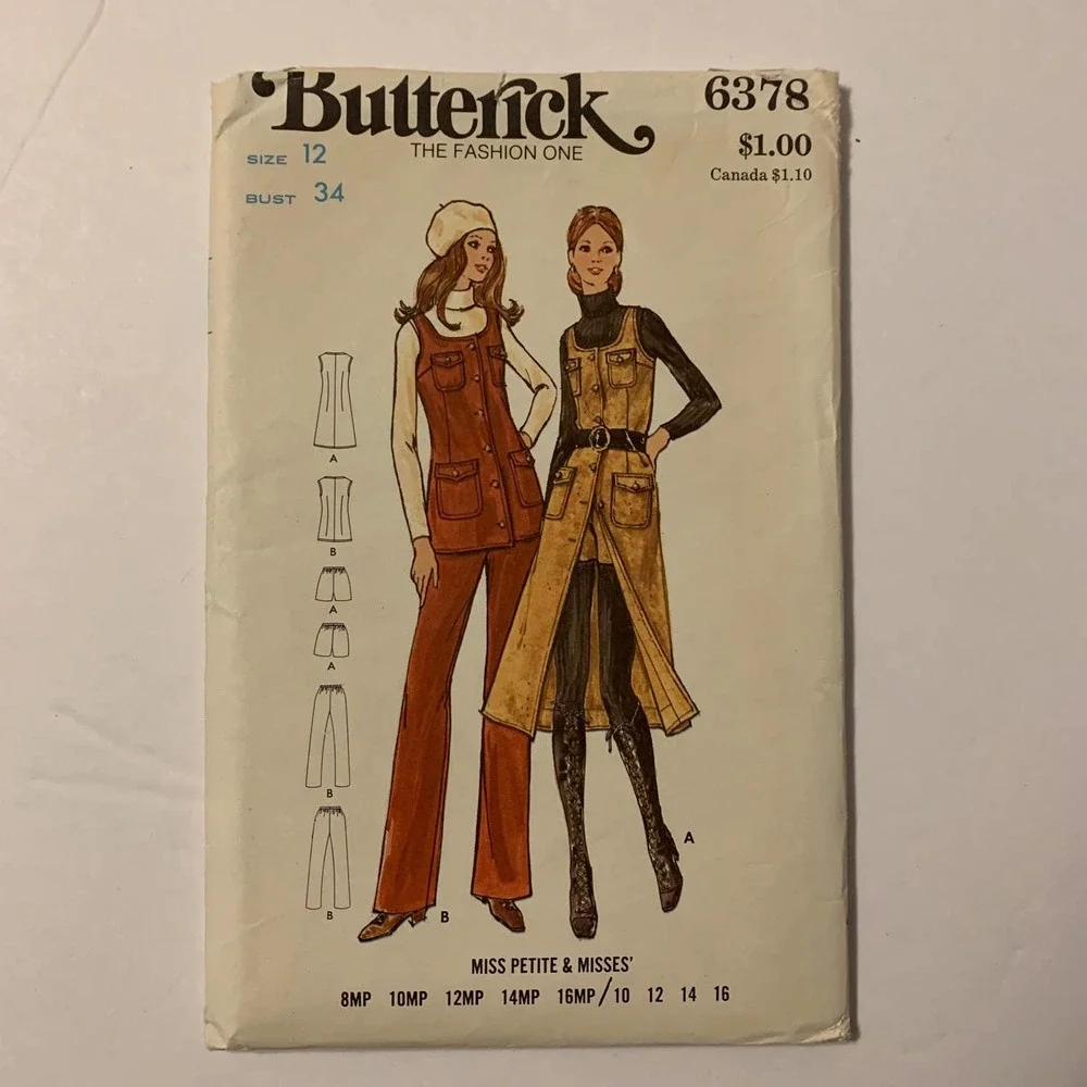 Butterick Vintage 1970's Pattern‎ #6378 Jumper/Tunic/Pants/Shorts Size 12